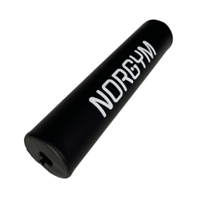 Sort barpad/nakkepude med hvidt "NORGYM" logo. Cylindrisk form og polstret for komfort.