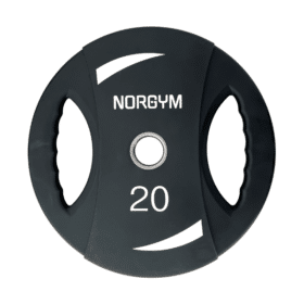 Sort vægtskive med to håndtag, "NORGYM" og "20" står skrevet på den. Midterhul: Ø50 mm.