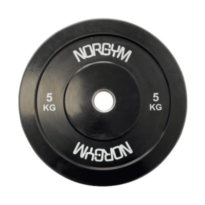 Sort vægtskive med teksten "NORGYM" og "5 KG"