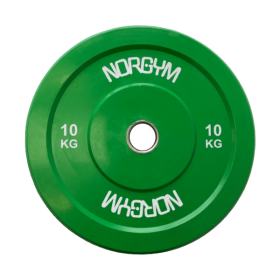 Grøn bumperplate fra NORGYM PRO, 10 kg, med hvid tekst og et hul i midten til en vægtstang.