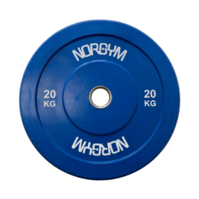 En blå bumperplate på 20 kg fra Norgym med en diameter på 50 mm. "Norgym" og "20 kg" står skrevet på den.