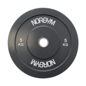 Grå bumperplate med "NORGYM" logo og vægtangivelse på 5 kg på begge sider. Midterhul på Ø50 mm.