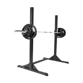 Fritstående squat rack med vægtstang og vægtskiver. Robust design med justerbare højdeindstillinger.