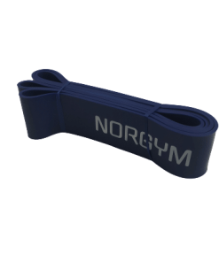 Blå træningselastik med teksten "NORGYM" trykt på siden.