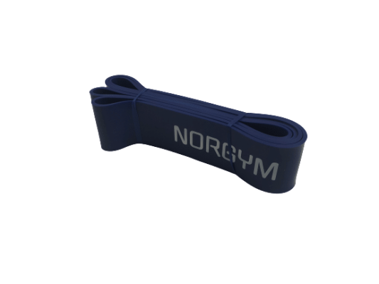 Blå træningselastik med teksten "NORGYM" trykt på siden.