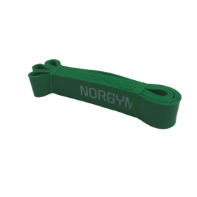 En grøn træningselastik med mærket "NORGYM" påtrykt. Elastikken er foldet sammen og ser robust ud.