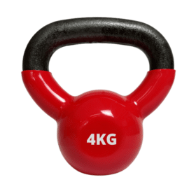 Rød vinyl kettlebell på 4 kg med sort håndtag. "4KG" er skrevet i hvid tekst på forsiden af vægten.
