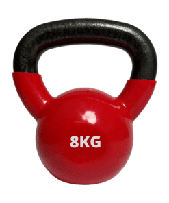 Rød kettlebell med 8 kg vægt angivet.