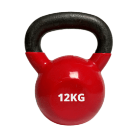 Rød vinyl kettlebell på 12 kg med sort håndtag og vægtangivelse "12KG" i hvid tekst på forsiden.