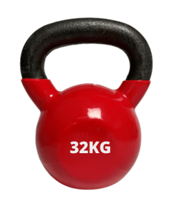 Rød kettlebell med sort håndtag og 32 kg mærkning.