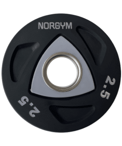 Sort vægtskive med sølvdetaljer, vægt 2,5 kg og mærket "NORGYM" i toppen, hul i midten til stang.