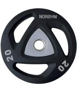 Sort vægtskive på 20 kg med tre grebshuller og en sølvfarvet midte. Mærket "NORGYM" er trykt på skiven.