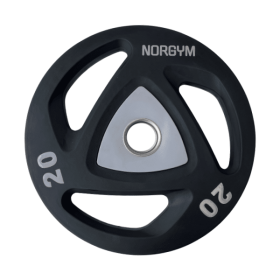 Sort vægtskive på 20 kg med tre grebshuller og en sølvfarvet midte. Mærket "NORGYM" er trykt på skiven.