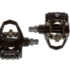 Pedaler til spinning fra Exustar, model Look/SPD PS7. Sort design med metaldele og justerbare klamper.