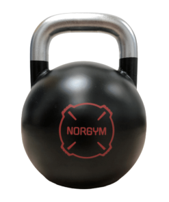Sort kettlebell med metalhåndtag og Norgym-logo.