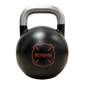 Sort 32 kg konkurrence kettlebell fra Norgym Pro med sølvfarvet håndtag og rød Norgym-logo på forsiden.