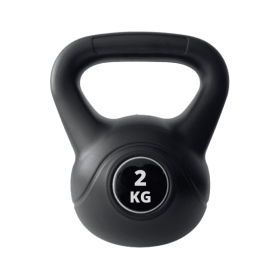 Sort kettlebell i plast med en vægt på 2 kg. Formen er rund med et håndtag foroven til nem løftning.