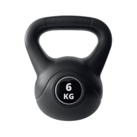 Sort kettlebell på 6 kg med en rund base og et bredt håndtag. Vægten er markeret med hvid tekst.