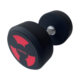 Sort håndvægt med rødt NORGYM-logo på enden, vægtstang i metal, vejer 48 kg.