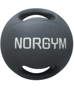 Sort medicinbold med håndtag og teksten "NORGYM" i hvidt på forsiden. Bolden vejer 10 kg.