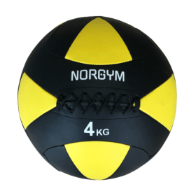 Sort og gul wallball med teksten "NORGYM" og "4 KG" på forsiden. Den har et krydssyet mønster i midten.