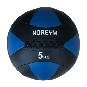 Sort og blå Wallball fra NORGYM PRO, 5 kg, med synlige syninger og logo på forsiden.