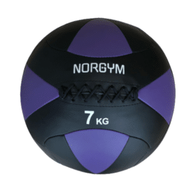 Sort og lilla wallball fra NORGYM PRO, 7 kg, med syninger og tekst "NORGYM" og "7 KG" på forsiden.