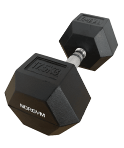 Håndvægt hexagon 15 kg Sort håndvægt med hexagonale ender og en vægt på 17,5 kg. Håndtaget er metal, og mærket NORGYM er synligt.