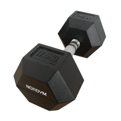Håndvægt hexagon 15 kg Sort håndvægt med hexagonale ender og en vægt på 17,5 kg. Håndtaget er metal, og mærket NORGYM er synligt.