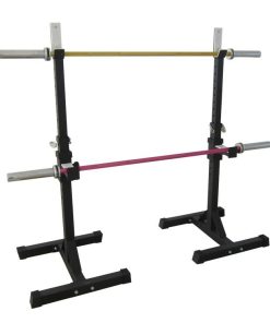 To justerbare vægtstangsstativer med en gul og en pink stang.