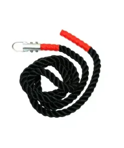 Sort klatrereb med røde ender og en metalbeslag til fastgørelse. Rebets længde er 4 meter.