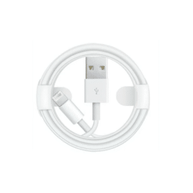 Hvid iPhone USB-laderkabel på 1 meter, rullet sammen med både USB-A og Lightning-stik synlige.