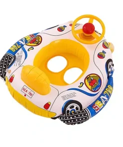 Oppustelig badebil til baby med farverige mønstre, gult sæde, dobbelt benåbning og rattet foran.