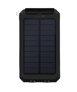 Sort solcelle powerbank med kapacitet på 15.000 mAh. Robust design og indbygget solpanel til opladning.