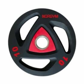 Sort vægtskive på 10 kg med røde detaljer og tre huller. "NORGYM" og "10" er skrevet i rød tekst.