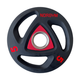 Sort vægtskive med røde tal "5" og "NORGYM". Indre cirkel og trekantet detalje i rød. Ø50 mm, 5 kg.