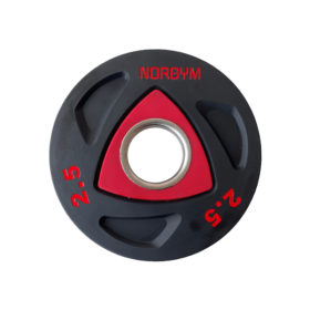 Sort vægtskive med rødt center og teksten "NORGYM" samt "2.5" i rød. Vægten er 2,5 kg og Ø50 mm.
