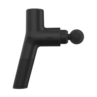 Massagepistol i sort, med et ergonomisk håndtag og en rund massagebold på toppen, designet til muskelafslapning.