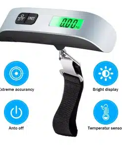 Bagagevægt med lysende display, strop til fastgørelse, knapper for enheder, auto-sluk, temperaturmåler.