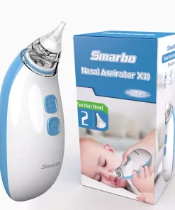 Hvid og blå elektronisk næsesuger med to sugehovedmuligheder. Boks viser en baby, der bruger næsesugeren.