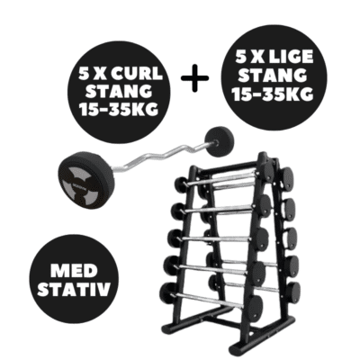 Barbell sæt med 5 curlstænger og 5 lige stænger (15-35 kg) opbevaret på et sort stativ.