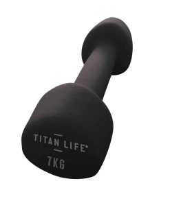 Sort håndvægt fra Titan Life på 7 kg med ergonomisk greb og afrundede ender, velegnet til styrketræning.