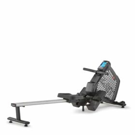 Reebok Rower ZJET er en sort og grå romaskine med en digital skærm og justerbare fodstøtter.