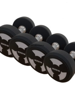 Fem sæt grå håndvægte fra NORGYM PRO, vægtområde 32-40 kg, med sorte og hvide ender og metalhåndtag.