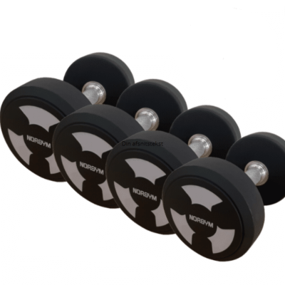 Fem sæt grå håndvægte fra NORGYM PRO, vægtområde 32-40 kg, med sorte og hvide ender og metalhåndtag.
