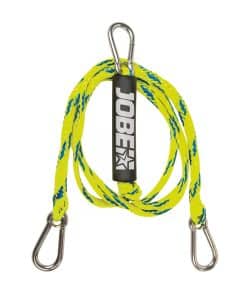 Gul og blå træksnor med metalclips i begge ender og et sort håndtag med teksten "JOBE" i hvid.