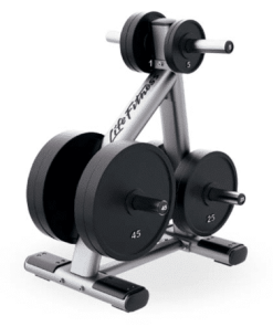 Lifefitness Stativ til vægtskiver med flere vægtplader i forskellige størrelser, stablet på et robust stativ.