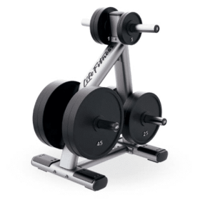 Lifefitness Stativ til vægtskiver med flere vægtplader i forskellige størrelser, stablet på et robust stativ.