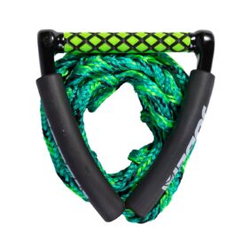 Jobe Wakesurf Reb har et sort håndtag med grønne detaljer og en snoet, flerfarvet grøn line.