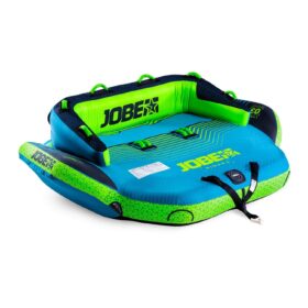 En lyseblå og grøn oppustelig sofatube med Jobe-logoen, designet til tre personer med flere håndtag.